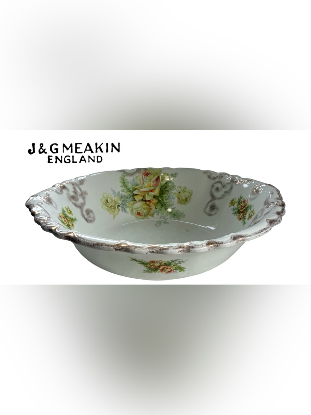 ANTIQUE J & G MEAKIN IRONSTONE WASH BASIN BOWL ROSE PATTERN ENGLAND